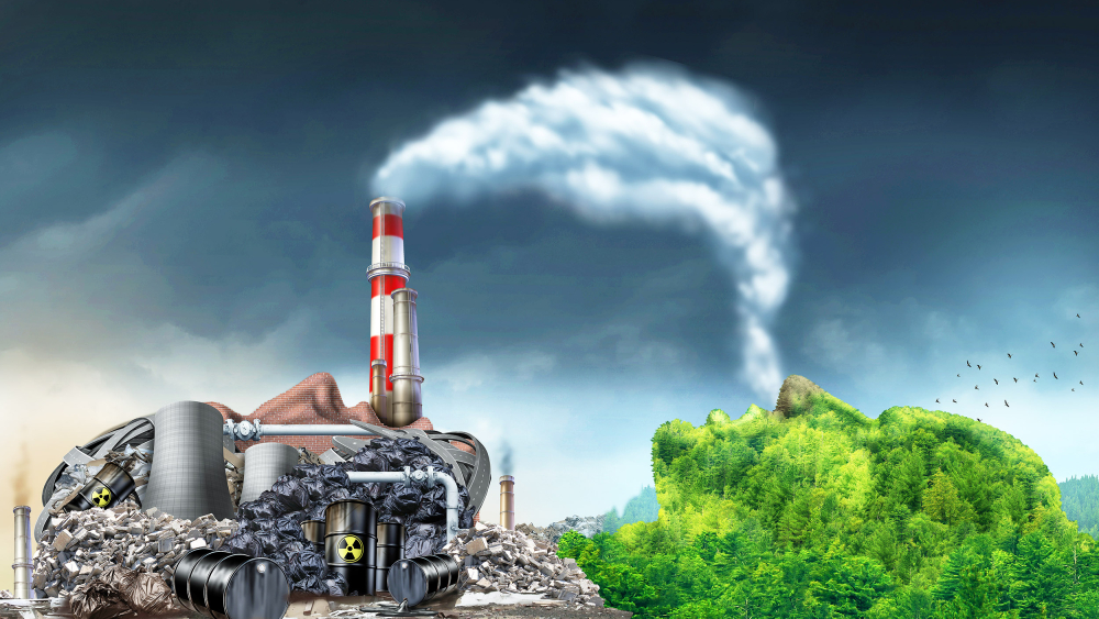 Industry pollution environment concept as a human head shaped as a dirty power plant releasing toxic waste and smoke stacks with plumes of dirty air breathed by a mountain in the shape of a face.